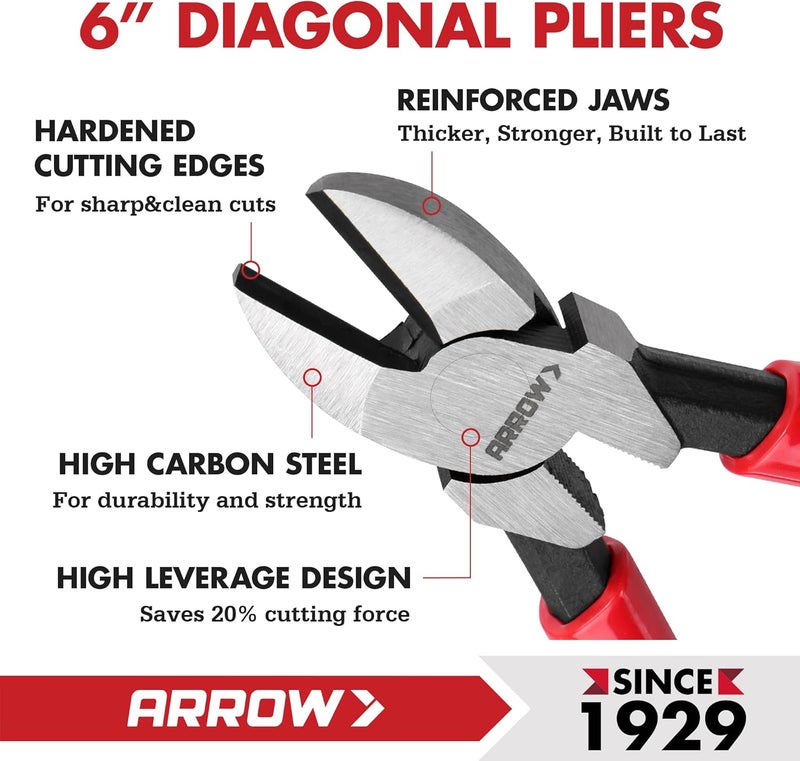 Arrow Fastener كماشة قطع قطرية عالية الرفع 6 بوصات من ARROW، قواطع أسلاك مع مقبض مريح، قواطع جانبية لقطع الأسلاك - Image 4